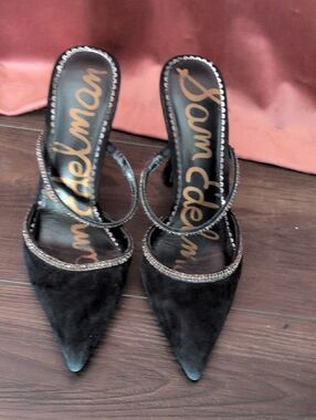 Sam Edelman Black Pointed Toe Crystal-Trim Slingback Heels